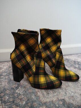 Aldo Lovelee Yellow Mustard Plaid Satin Boots Size 7M